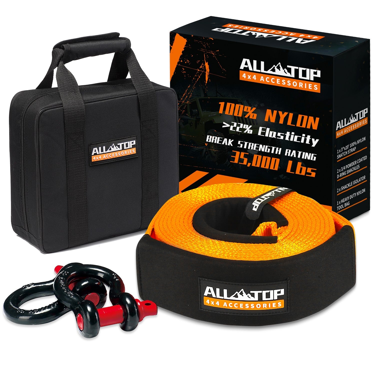 ALL-TOP Recovery Strap Kit w/ Shackles: Strap 3in x 20ft - 35,000 Lbs