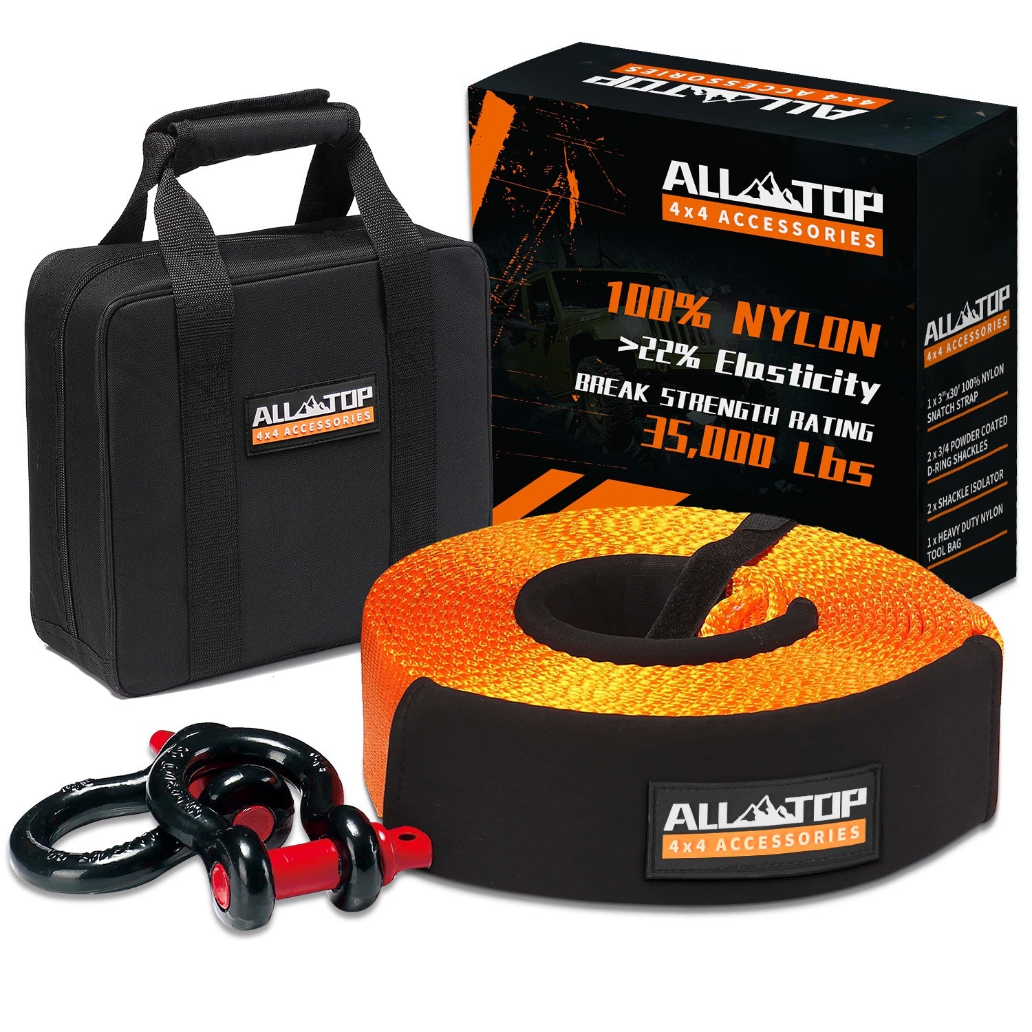 ALL-TOP Recovery Strap Kit w/ Shackles: Strap 3in x 30ft - 35,000 Lbs