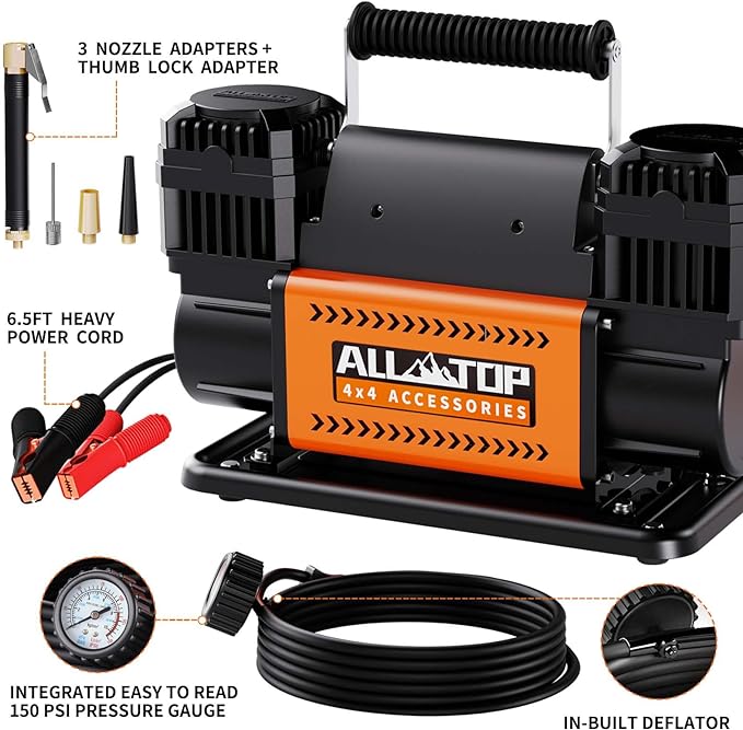 Air Compressor Kit Dual Cylinder - 12.35 ft³/Min - 12V DC + Synthetic Winch Cable w/ Forged Winch Hook - 1/4in x 50ft - 9,500 Lbs