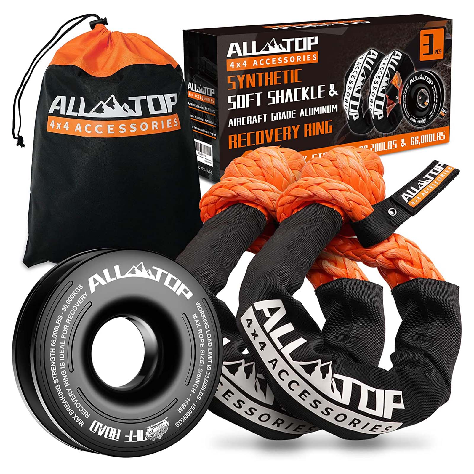 ALL-TOP Soft Shackles + Recovery Ring Set: 2PCS x 48,300 Lbs Shackles +  Recovery Ring