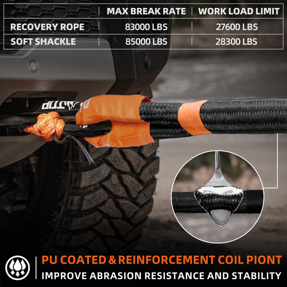 Recovery Rope Shackle Kinetic Recovery Rope Kit w/ 2 Soft Shackles - 1.5in x 30ft - 83000Lbs ...