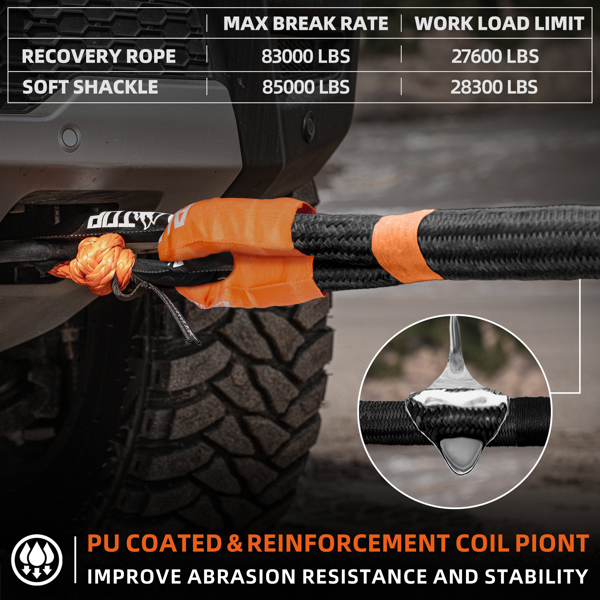 Kinetic Recovery Rope Kit w/ 2 Soft Shackles - 1.5in x 30ft - 83000Lbs - Black