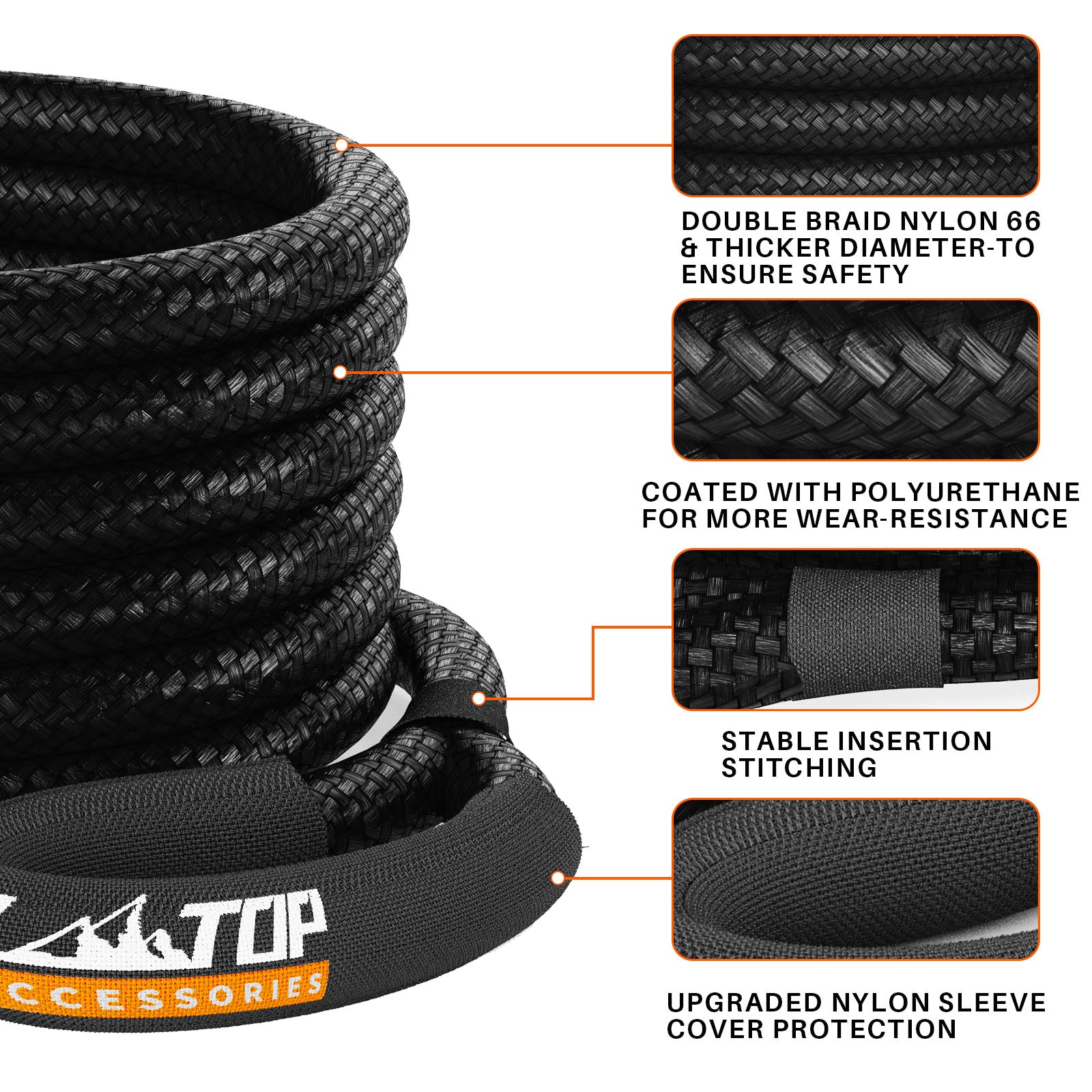 Kinetic Recovery Rope - 1in x 20ft - 48,000 Lbs - Black w/ Shackles