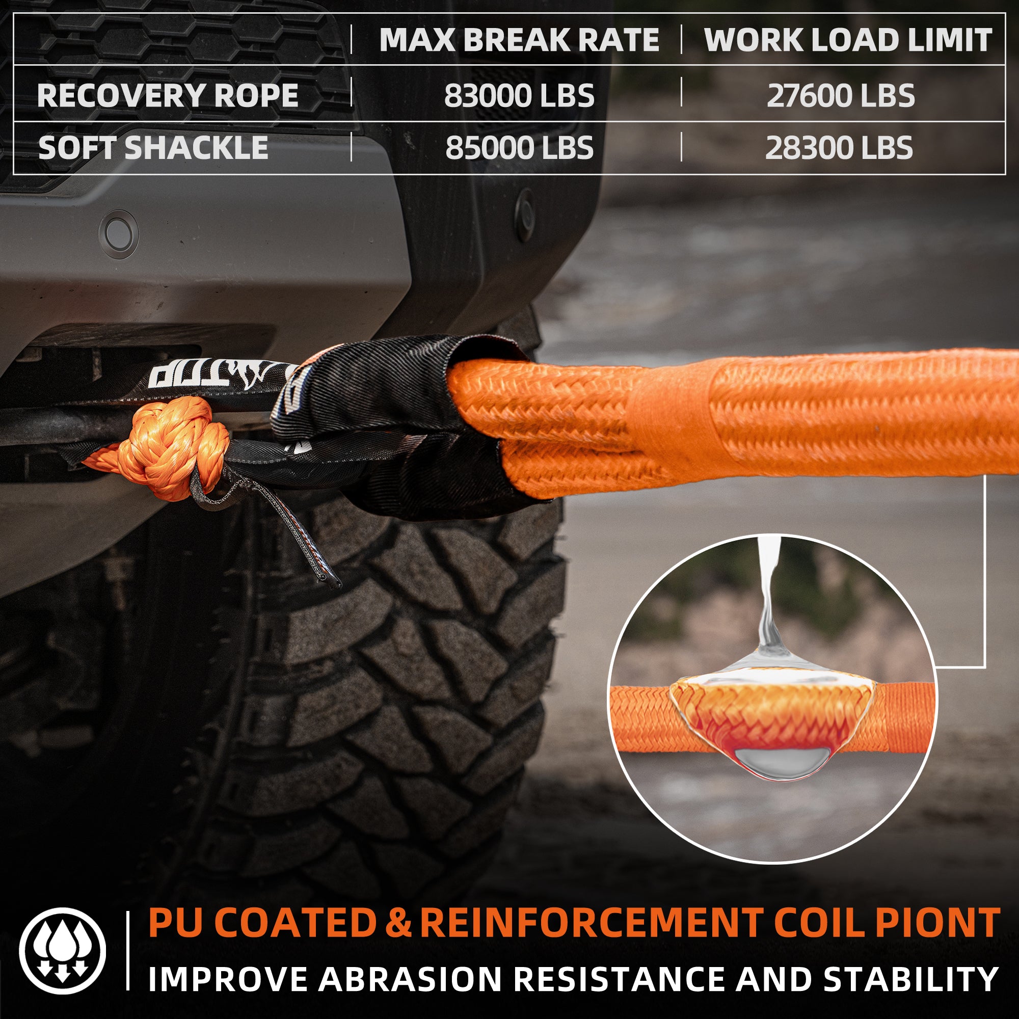 Kinetic Recovery Rope Kit w/ 2 Soft Shackles - 1.5in x 30ft - 83000Lbs - Orange