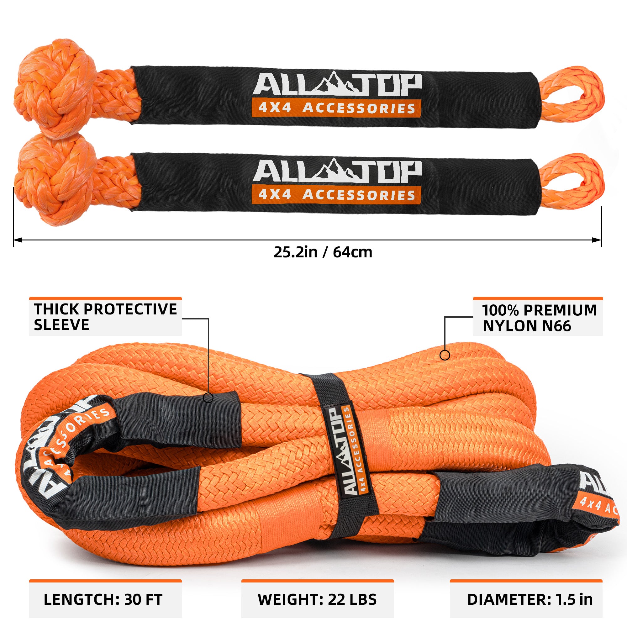 Kinetic Recovery Rope 33000 Lbs 1in X 30ft Heavy-Duty Offroad Snatch Strap Vehicle Recovery Kit For UTV ATV SUV Truck Car Tractor