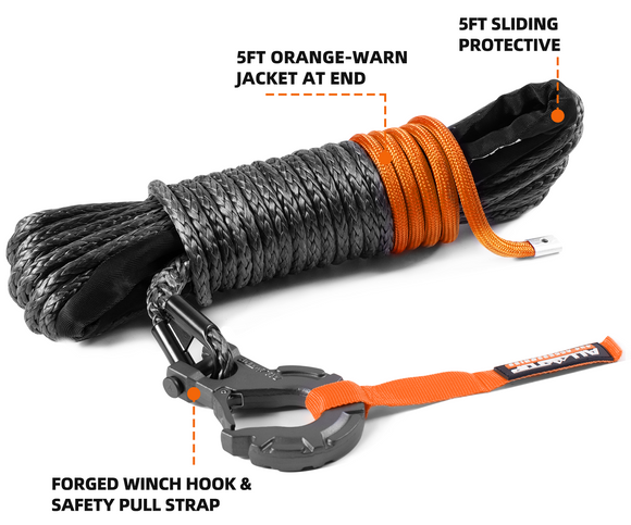 Synthetic Winch Cable w/ Forged Winch Hook - 1/4in x 50ft - 9,500 Lbs