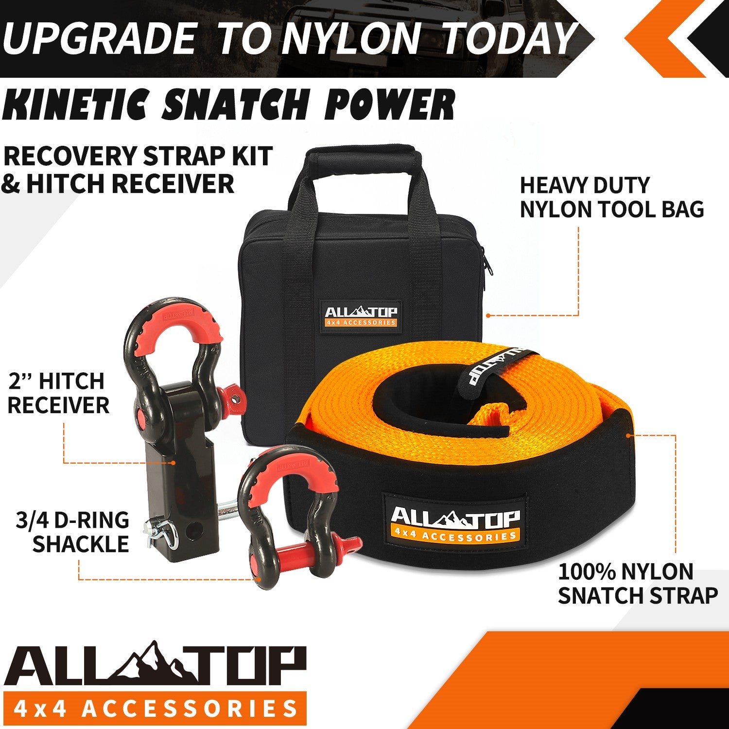 Recovery Strap Kit w/ Hitch Receiver & Shackles: Strap 3in x 20ft - 35,000 Lbs