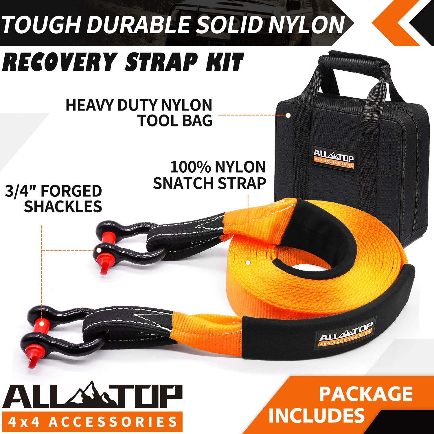 Recovery Strap Kit w/ Shackles: Strap 3in x 20ft - 35,000 Lbs