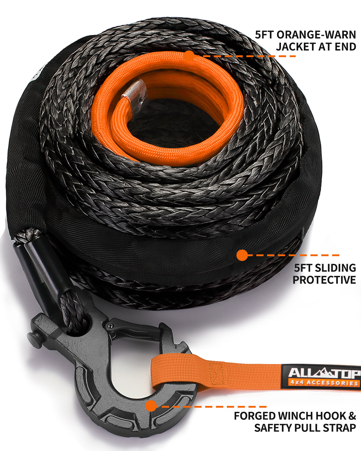 Synthetic Winch Cable w/ Forged Winch Hook - 3/8in x 92ft