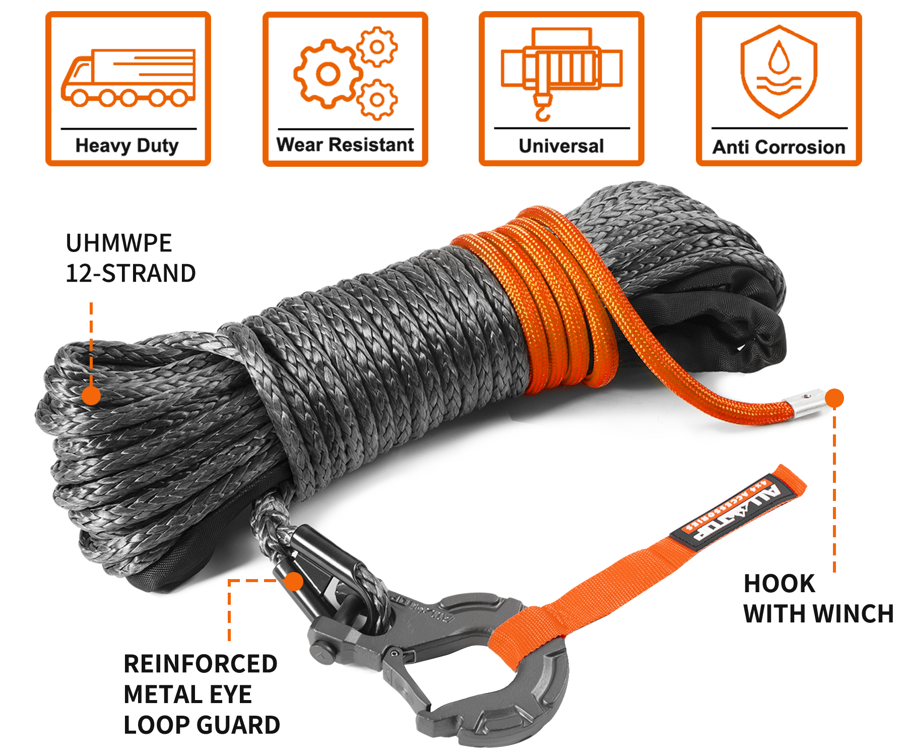 Synthetic Winch Cable w/ Forged Winch Hook - 1/4in x 50ft - 9,500 Lbs