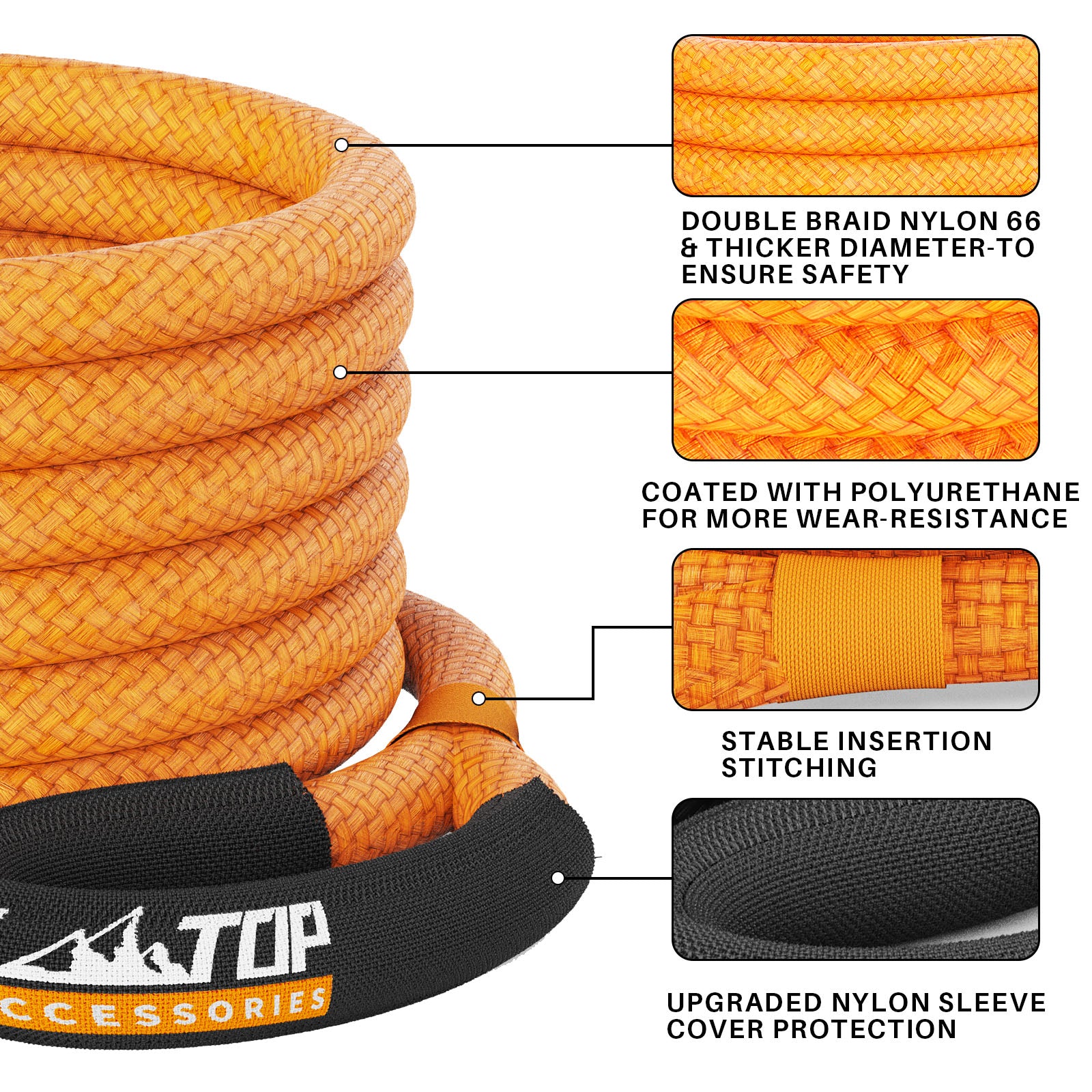 Kinetic Recovery Rope - 1in x 20ft - 48,000 Lbs - Orange w/ Shackles