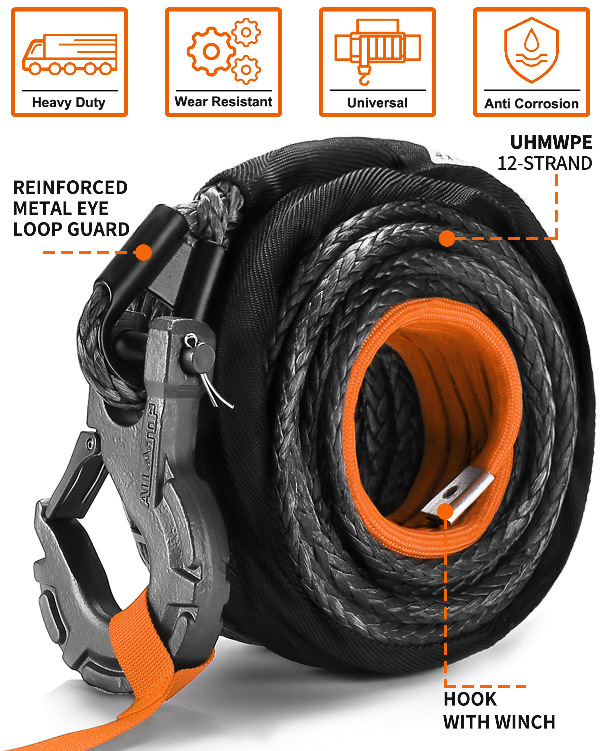 Synthetic Winch Cable w/ Forged Winch Hook - 3/8in x 92ft - 25500LBS