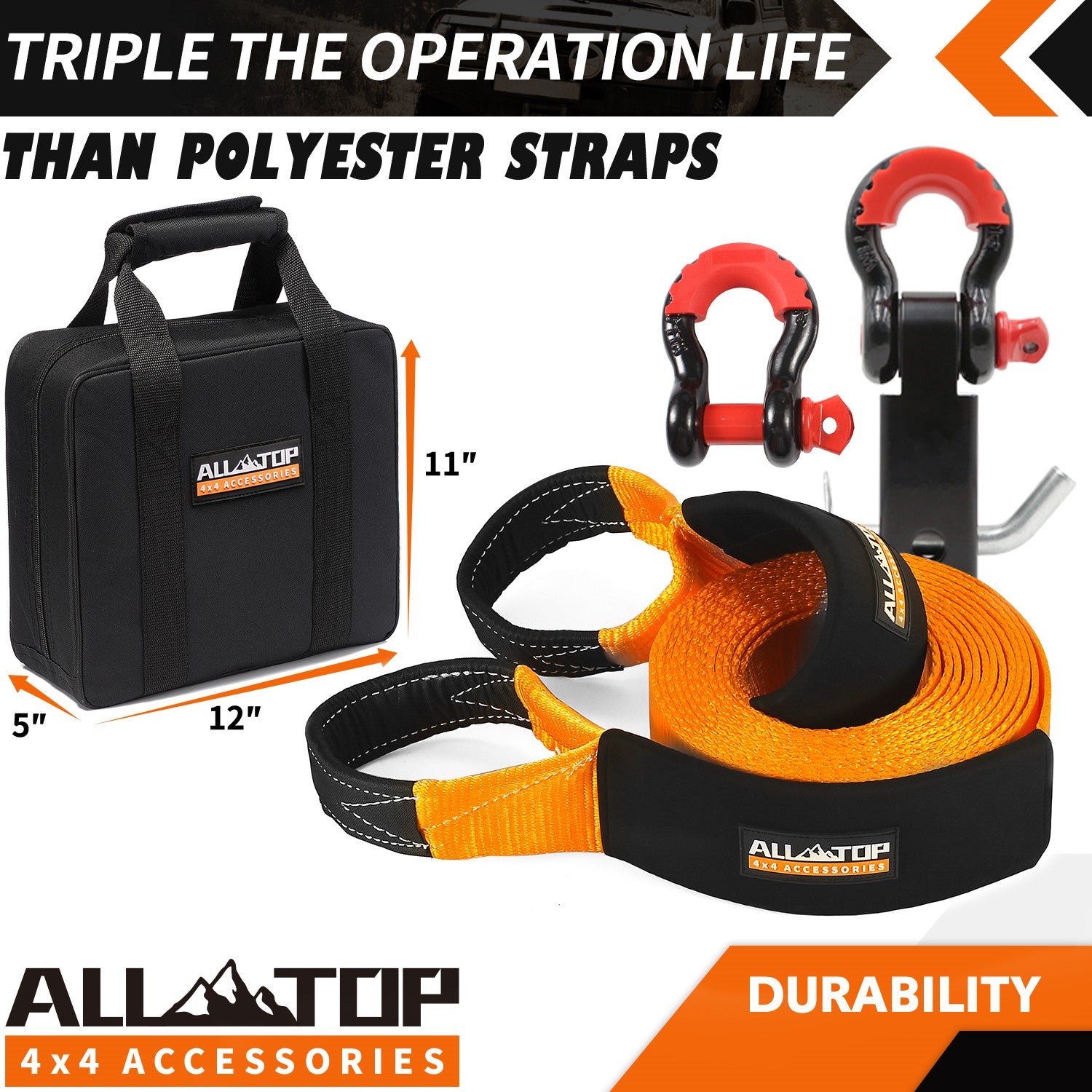 Recovery Strap Kit w/ Hitch Receiver & Shackles: Strap 3in x 20ft - 35,000 Lbs