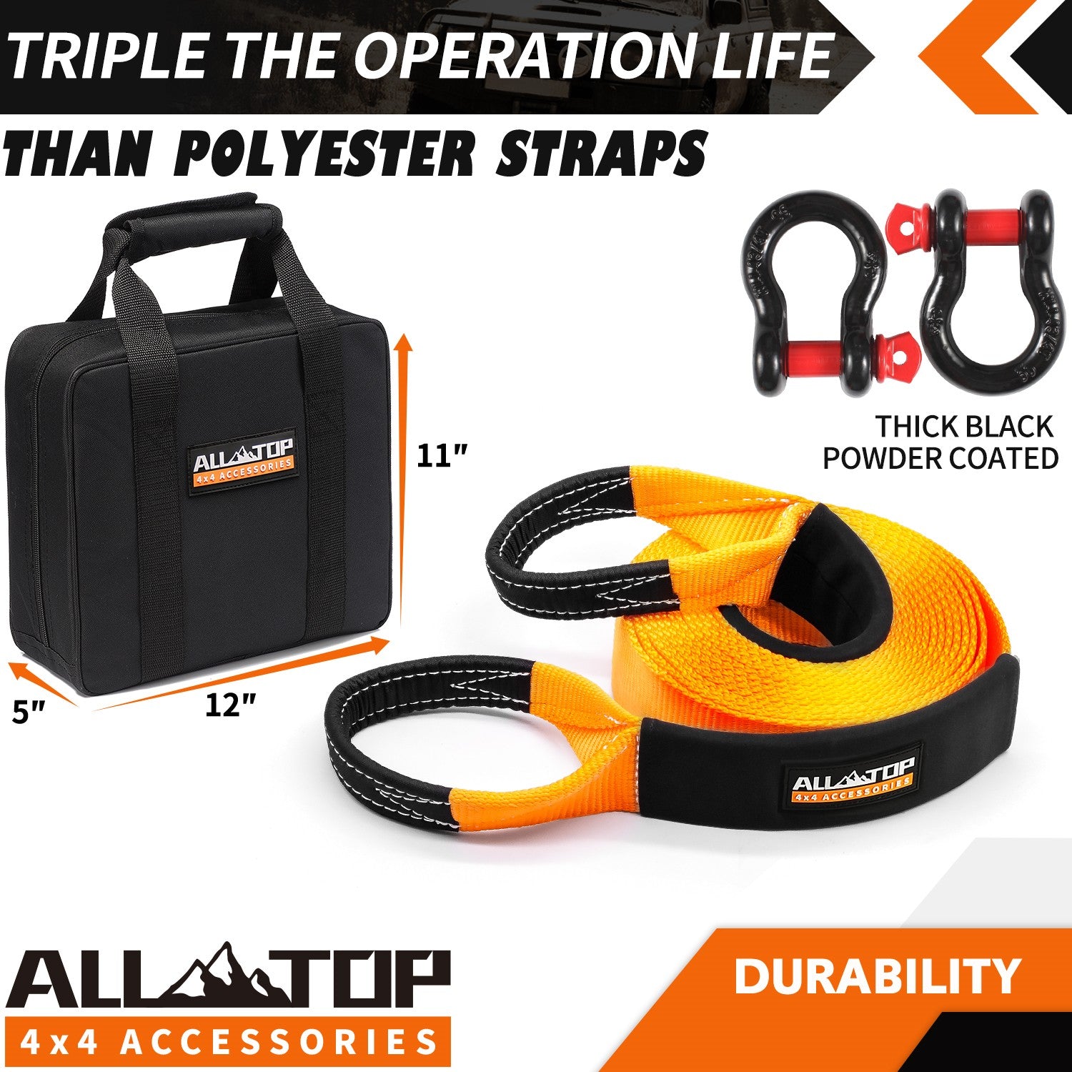 Recovery Strap Kit w/ Shackles: Strap 3in x 20ft - 35,000 Lbs