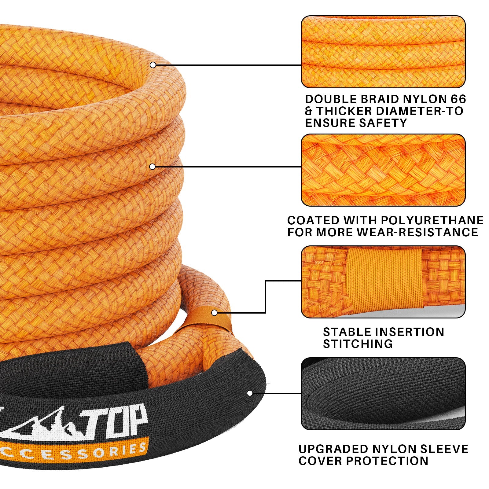 Kinetic Recovery Rope - 1in x 30ft - 48,000 Lbs - Orange w/ Shackles