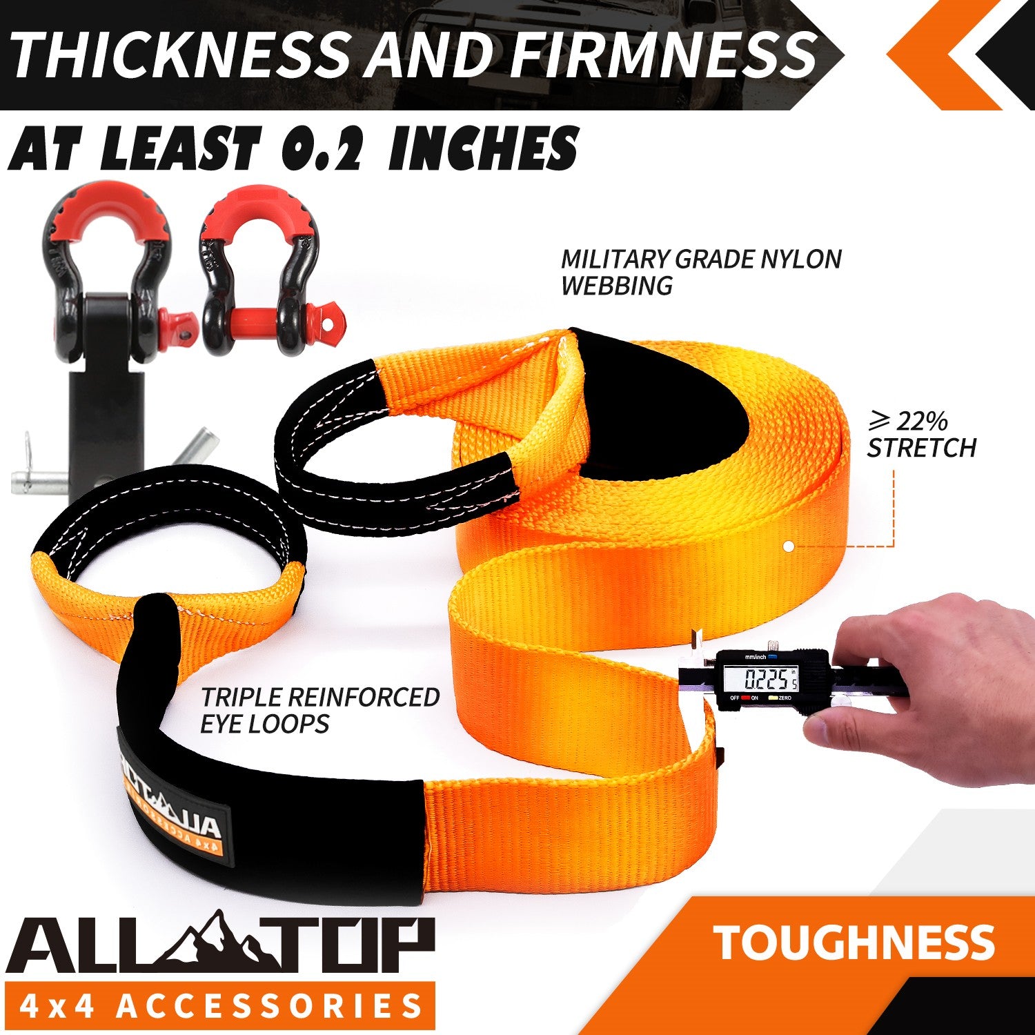 Recovery Strap Kit w/ Hitch Receiver & Shackles: Strap 3in x 20ft - 35,000 Lbs