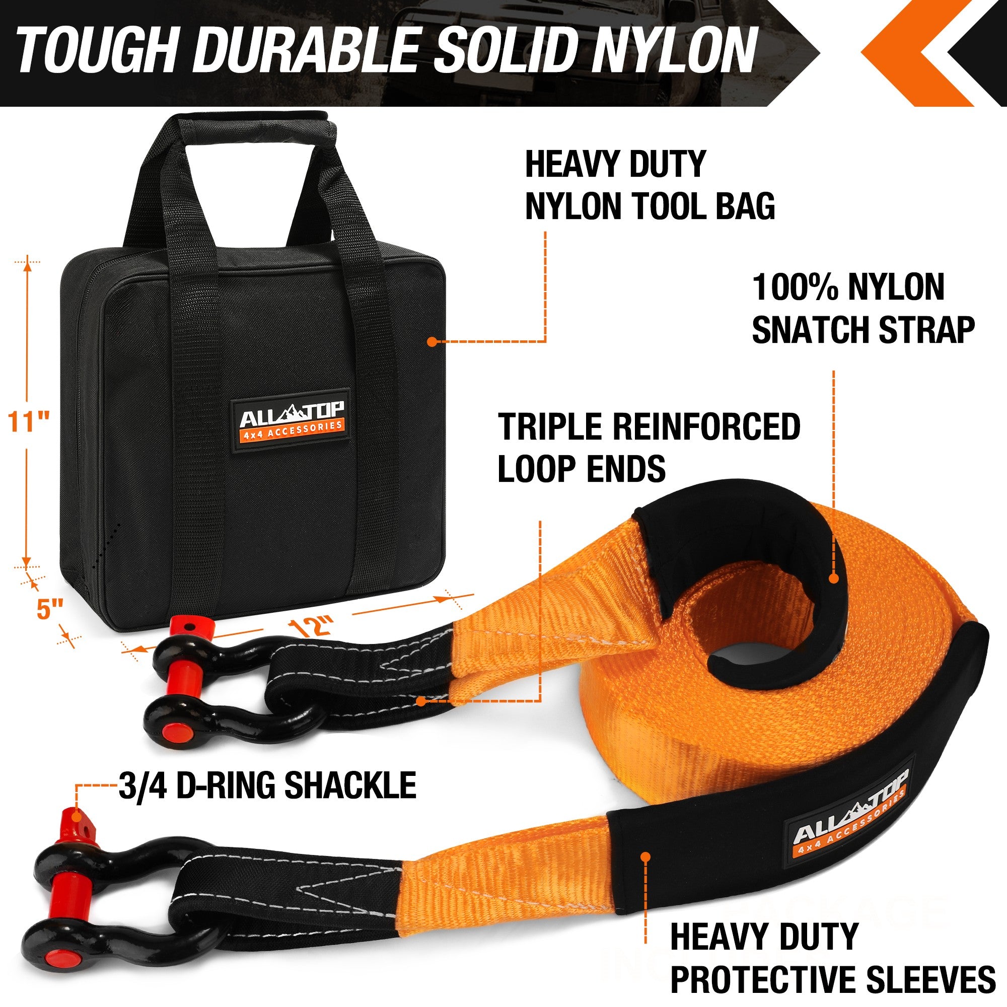 Recovery Strap Kit w/ Shackles: Strap 3in x 30ft - 35,000 Lbs