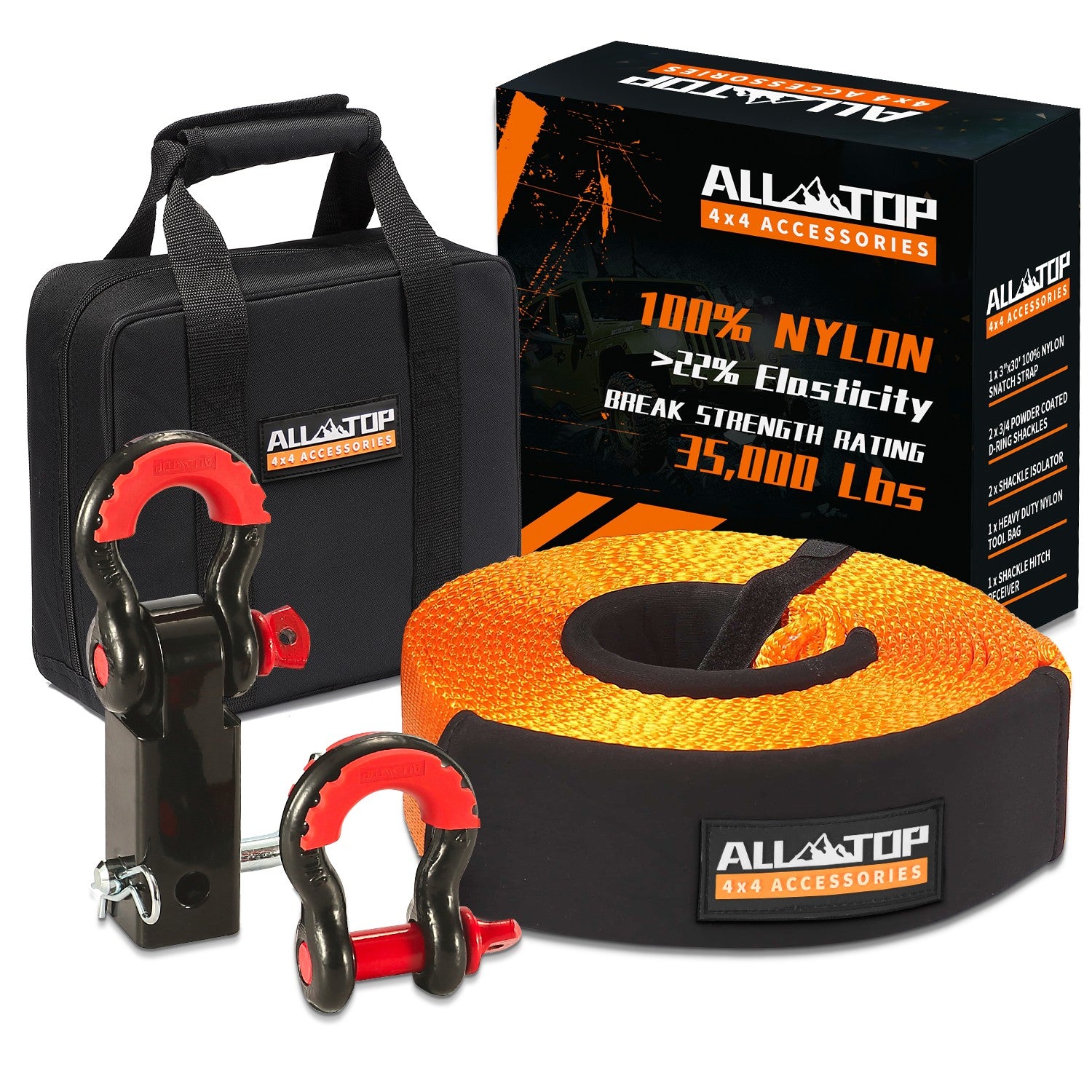 ALL-TOP Recovery Strap Kit w/ Hitch Receiver & Shackles: Strap 3in x 30ft - 35,000 Lbs