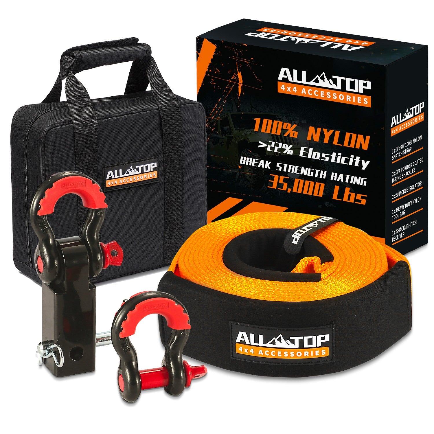 ALL-TOP Recovery Strap Kit w/ Hitch Receiver & Shackles: Strap 3in x 20ft - 35,000 Lbs
