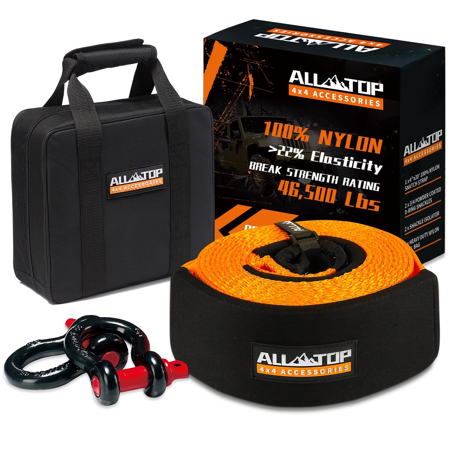 Recovery Strap Kit w/ Shackles: Strap 4in x 20ft - 46,500 Lbs