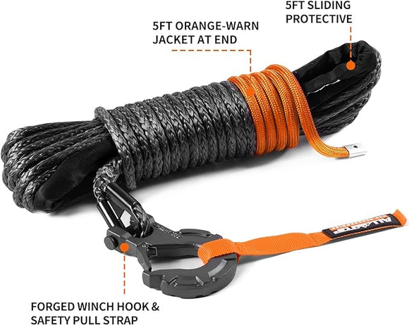 Air Compressor Kit Dual Cylinder - 12.35 ft³/Min - 12V DC + Synthetic Winch Cable w/ Forged Winch Hook - 1/4in x 50ft - 9,500 Lbs