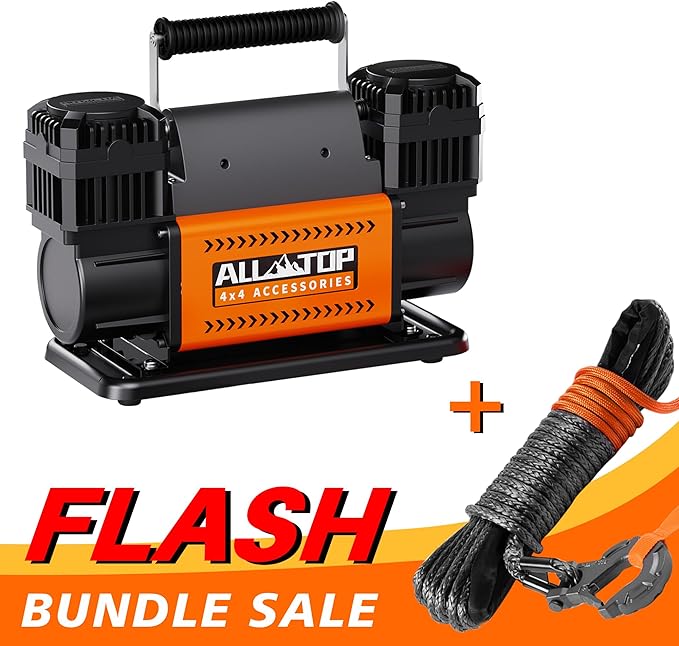 Air Compressor Kit Dual Cylinder - 12.35 ft³/Min - 12V DC + Synthetic Winch Cable w/ Forged Winch Hook - 1/4in x 50ft - 9,500 Lbs