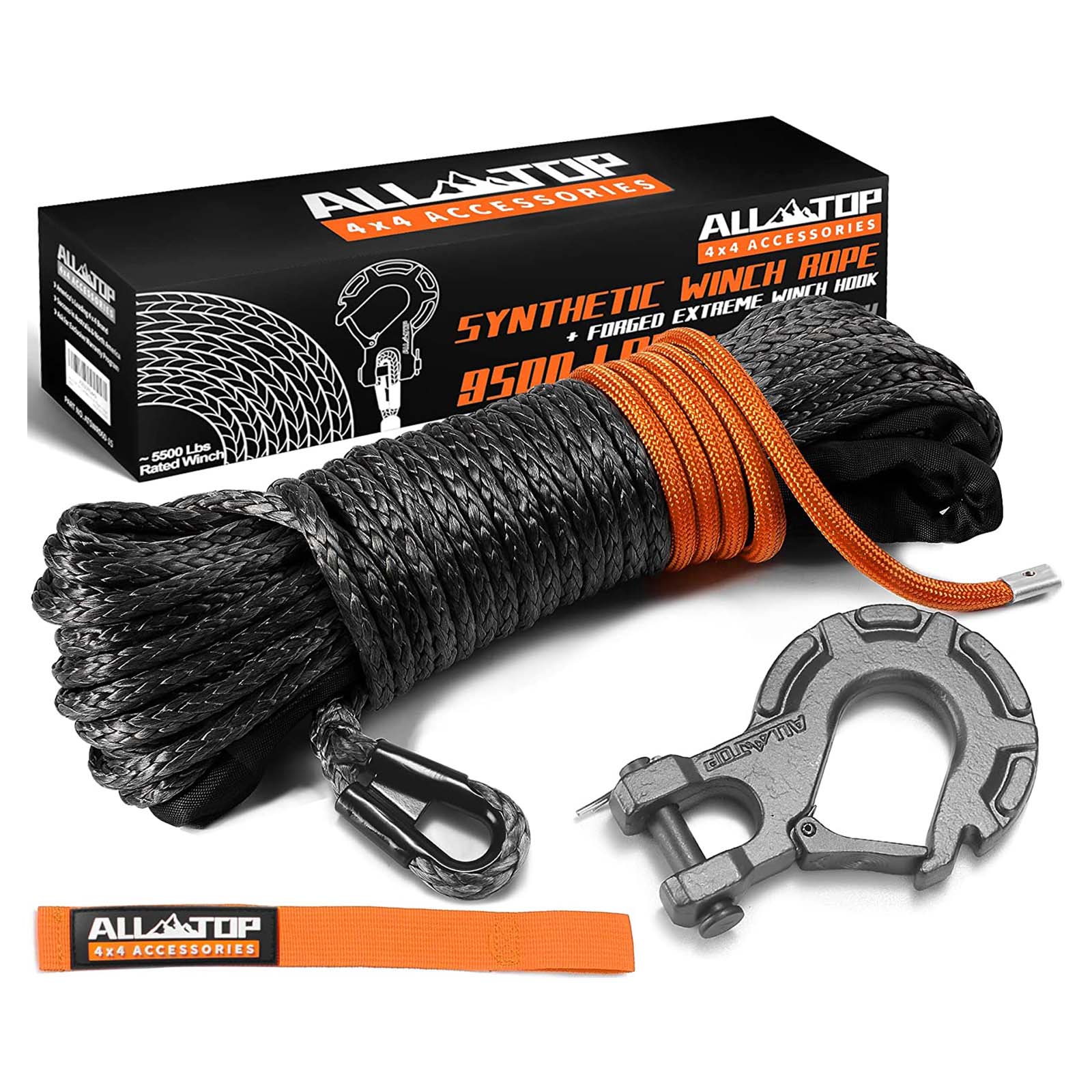 ALL-TOP Synthetic Winch Cable w/ Forged Winch Hook - 1/4in x 50ft - 9,500 Lbs