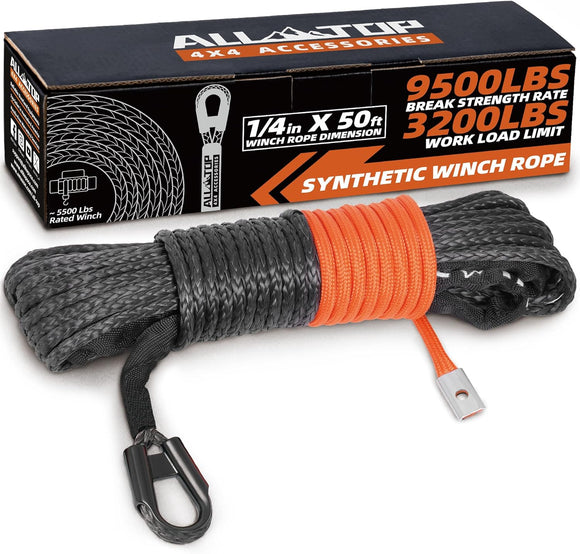 Synthetic Winch Rope Cable - 1/4" x50ft - 9500LBS