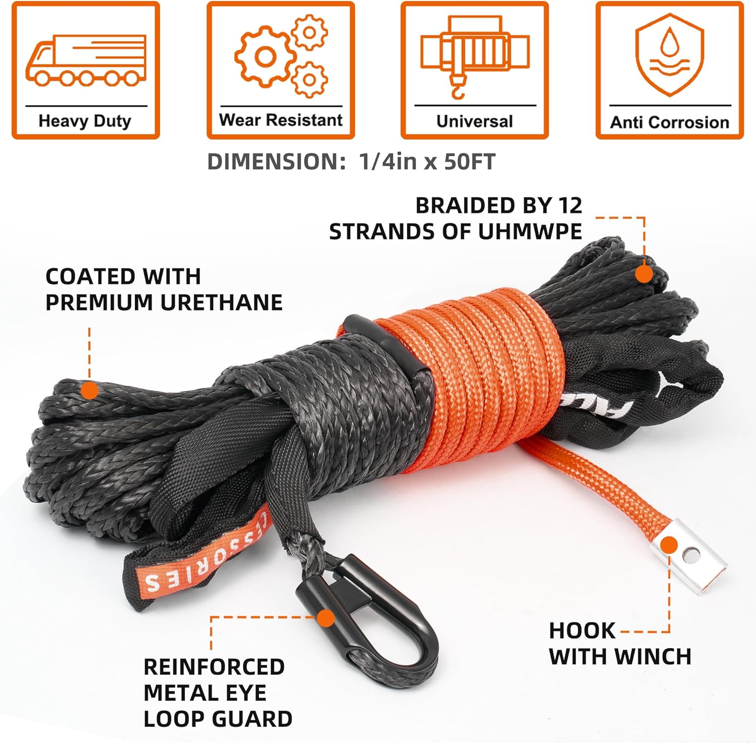 Synthetic Winch Rope Cable - 1/4" x50ft - 9500LBS