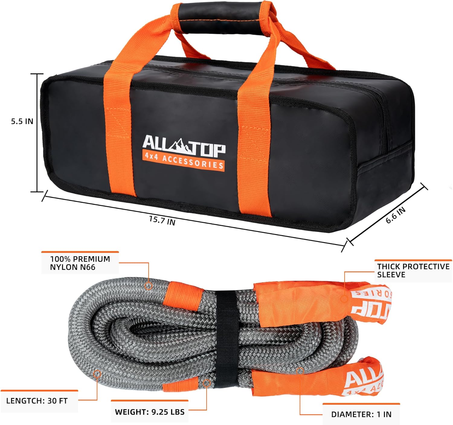 Kinetic Recovery Rope - 1in x 30ft - 48,000 Lbs - Gray