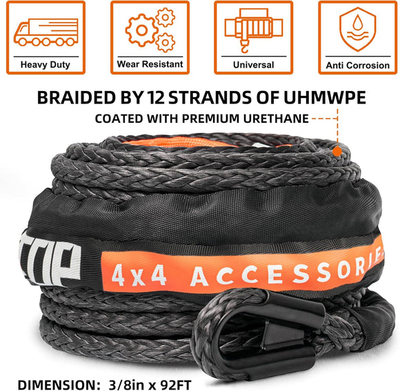 Synthetic Winch Rope Cable - 3/8" x92ft - 25500LBS