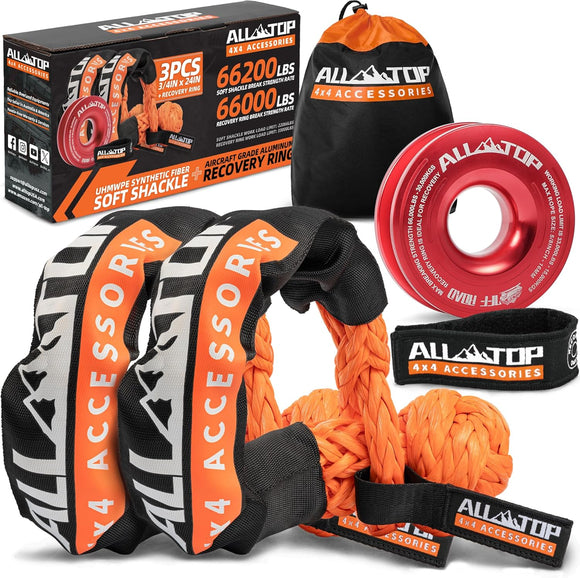 Soft Shackles + Recovery Ring Set: 2PCS x 66,200 Lbs Shackles +  Recovery Ring（red）