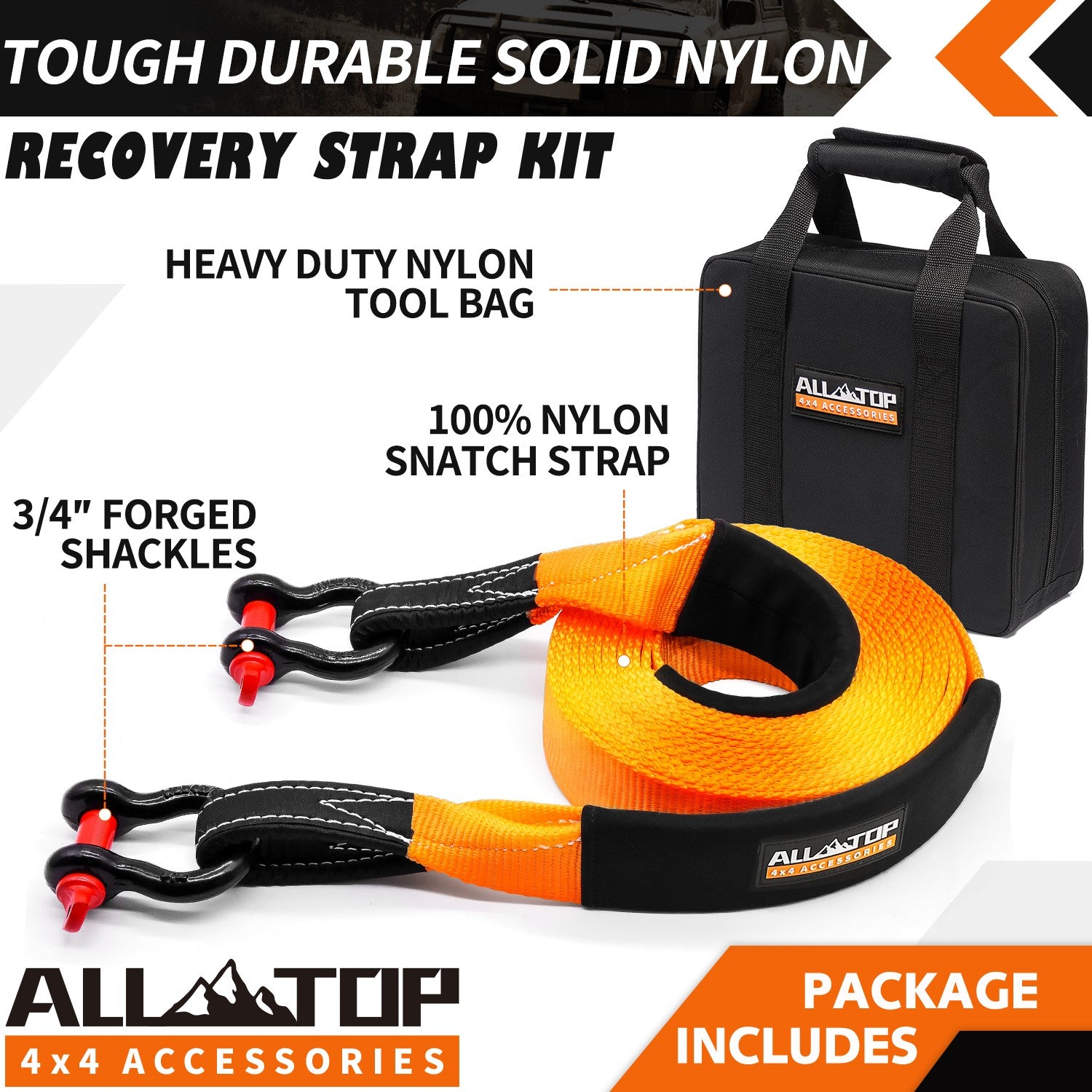 Recovery Strap Kit w/ Shackles: Strap 3in x 30ft - 35,000 Lbs