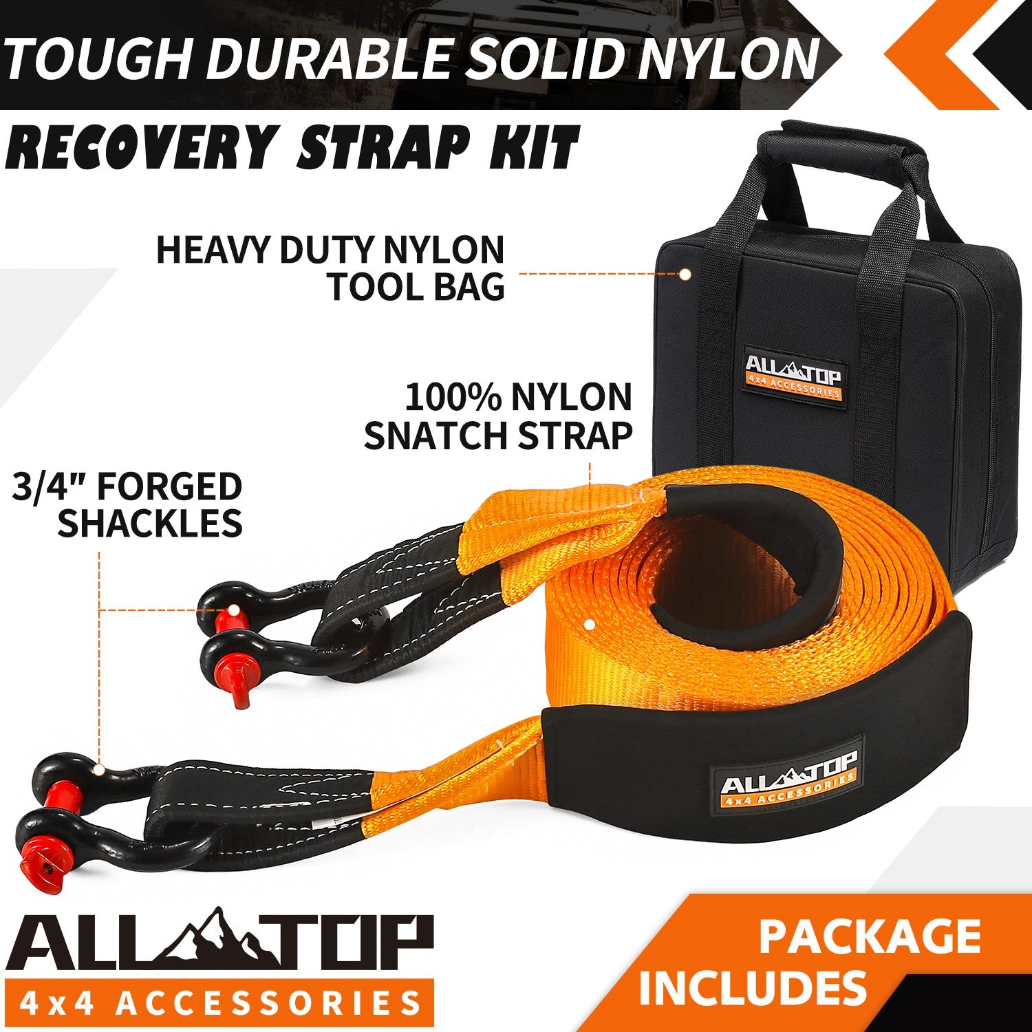 Recovery Strap Kit w/ Shackles: Strap 4in x 20ft - 46,500 Lbs