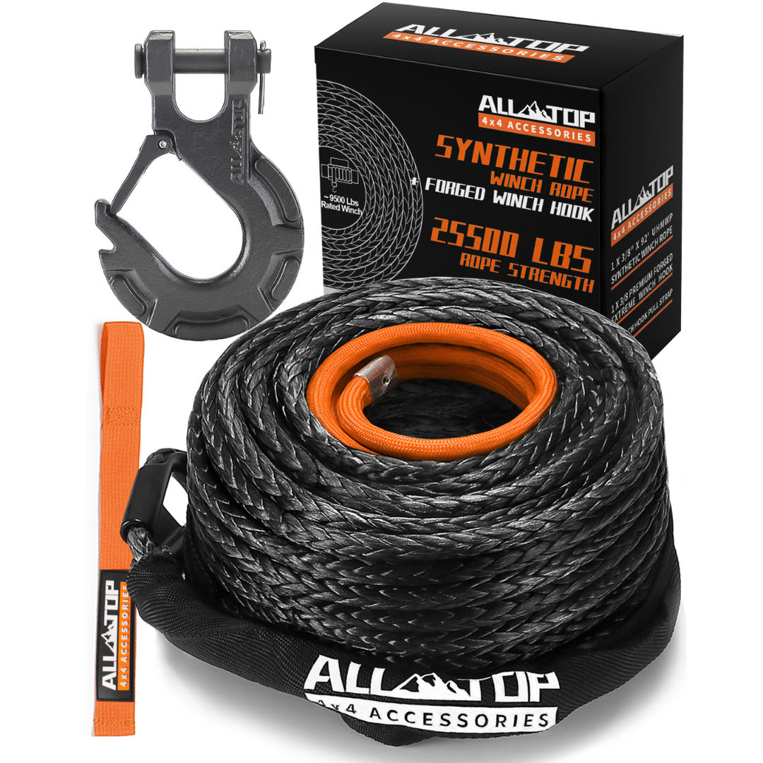 Synthetic Winch Cable w/ Forged Winch Hook - 3/8in x 92ft - 25500LBS