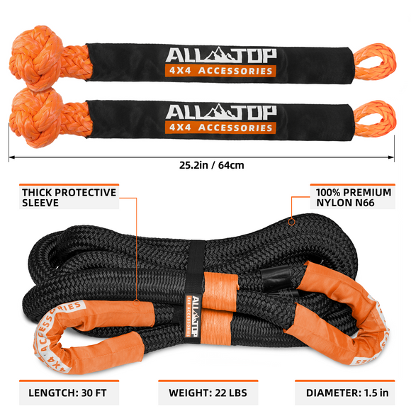 Kinetic Recovery Rope Kit w/ 2 Soft Shackles - 1.5in x 30ft - 83000Lbs - Black