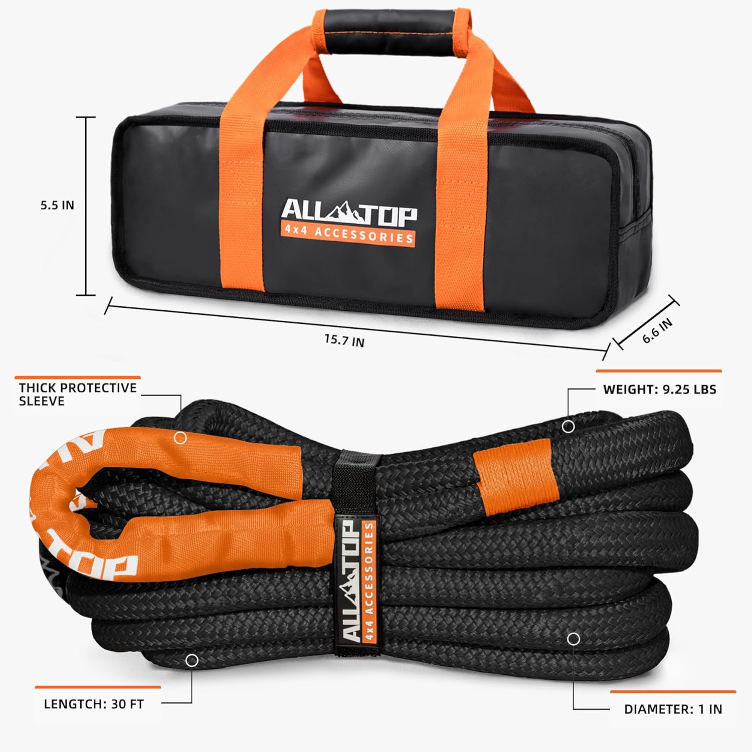 Kinetic Recovery Rope - 1in x 20ft - 48,000 Lbs - Black w/ Shackles
