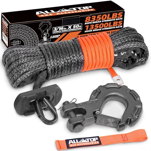 Synthetic Winch Cable w/ Forged Winch Hook - 3/16in x 50ft - 8350LBS