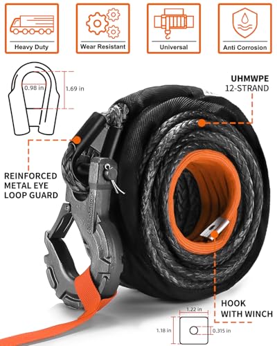 Synthetic Winch Cable w/ Forged Winch Hook - 9/16in x 76ft - 35000LBS