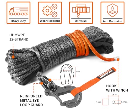 Synthetic Winch Cable w/ Forged Winch Hook - 3/16in x 50ft - 8350LBS