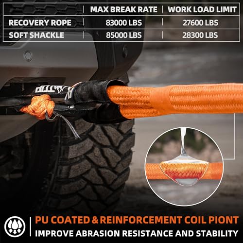 Kinetic Recovery Rope Kit w/ 2 Soft Shackles - 1.5in x 30ft - 83000Lbs - Orange