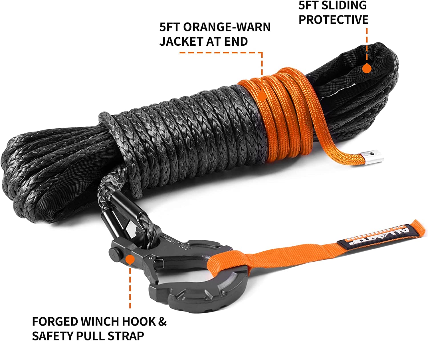 Synthetic Winch Cable w/ Forged Winch Hook - 1/4in x 50ft - 9,500