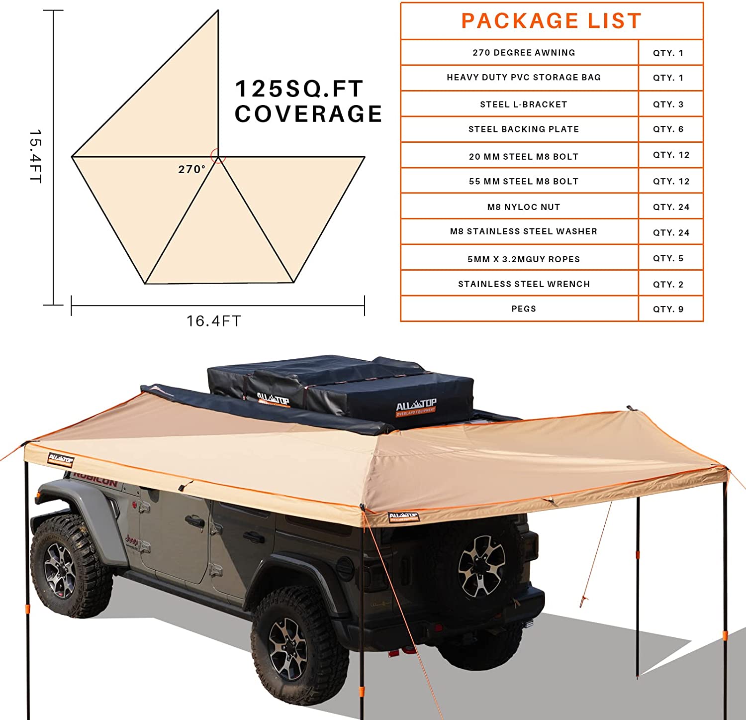 Rooftop Vehicle Awning 270 Degree- 8.2ft-4