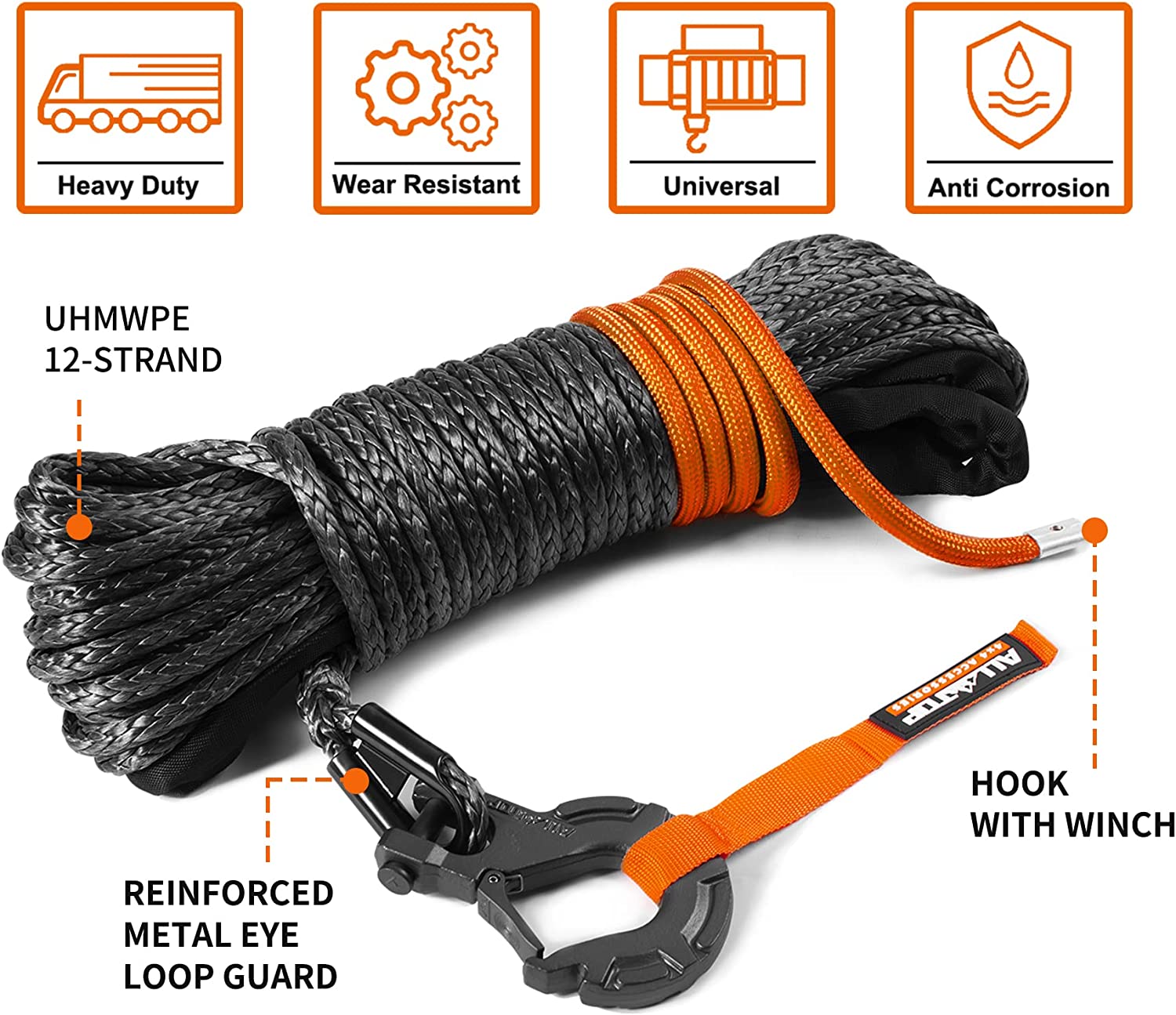 Synthetic Winch Cable w/ Forged Winch Hook - 3/16in x 50ft - 8350LBS