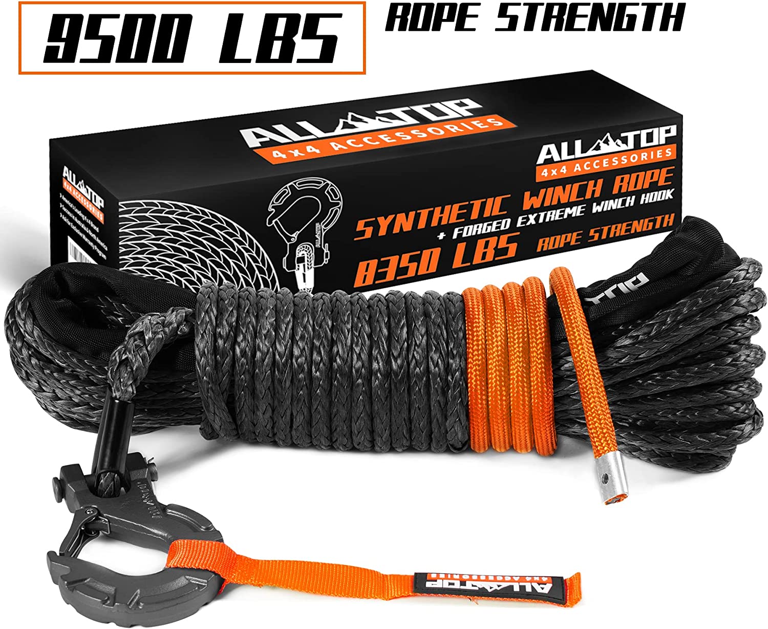 Synthetic Winch Cable w/ Forged Winch Hook - 3/16in x 50ft - 8350LBS