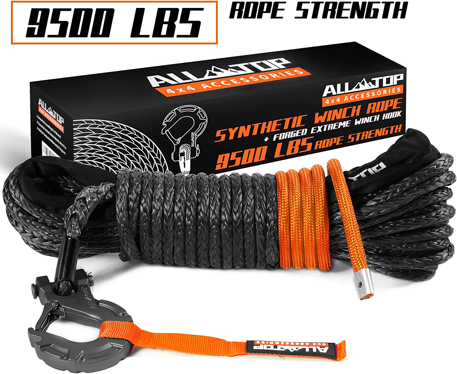 Synthetic Winch Cable w/ Forged Winch Hook - 1/4in x 50ft - 9,500 Lbs